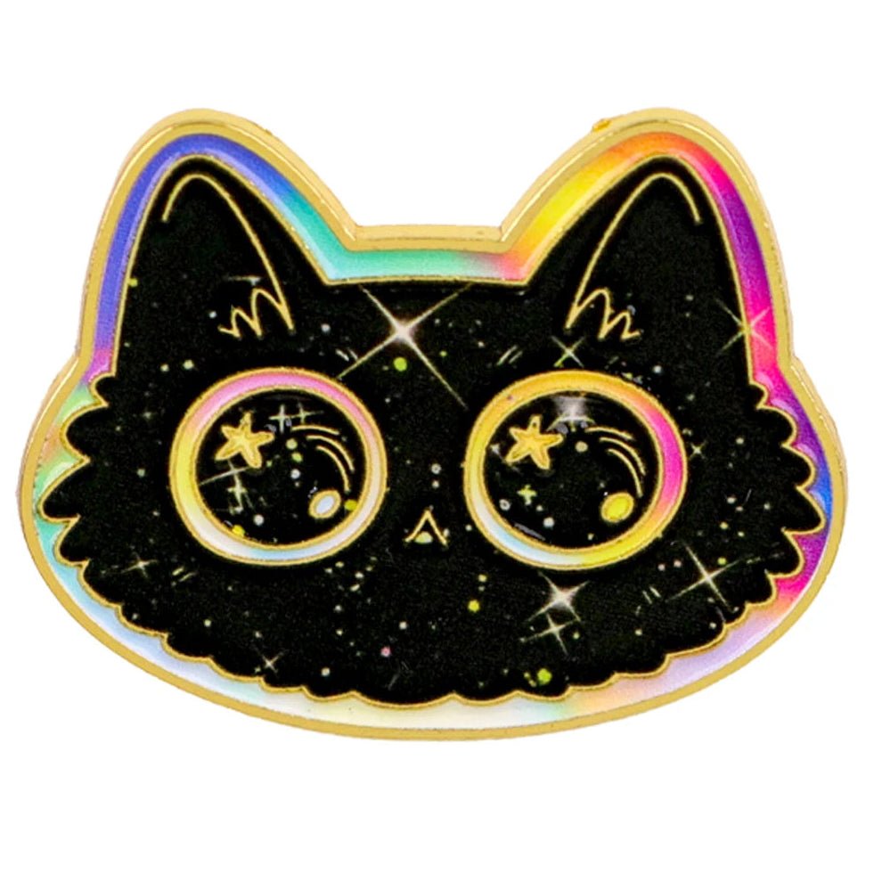 Black and rainbow cat pin with starry design 
