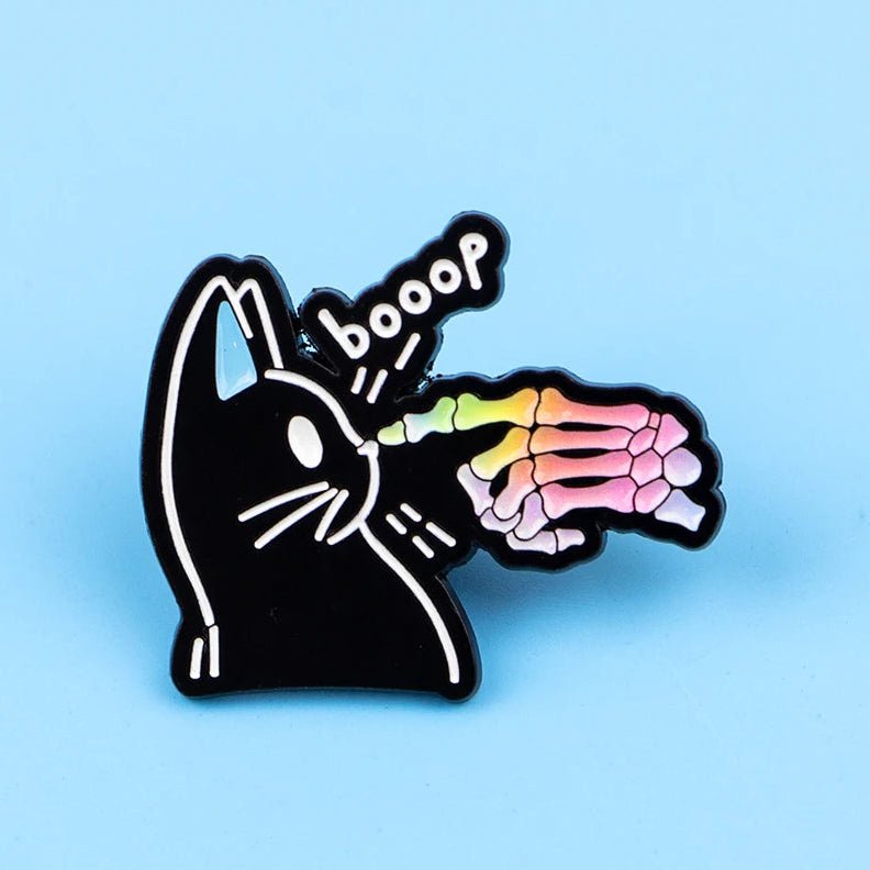Black catpin with rainbow skeleton and 'booop' text