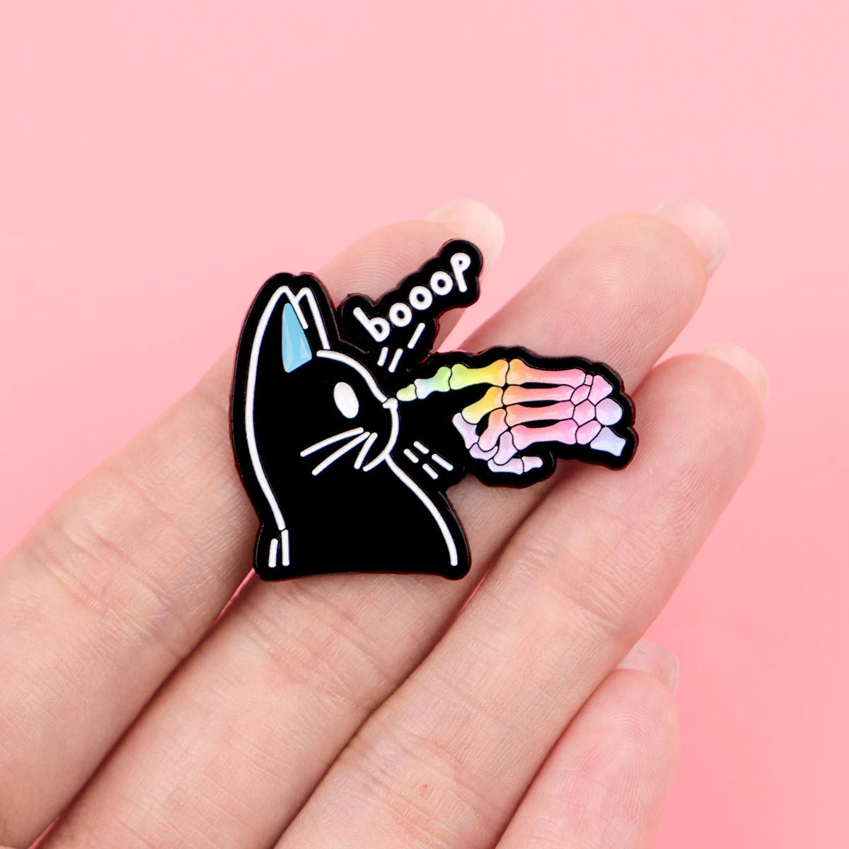 Black Cat and rainbow skeleton boop - enamel pin