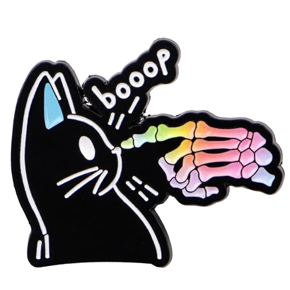 Black catpin with rainbow skeleton and 'booop' text