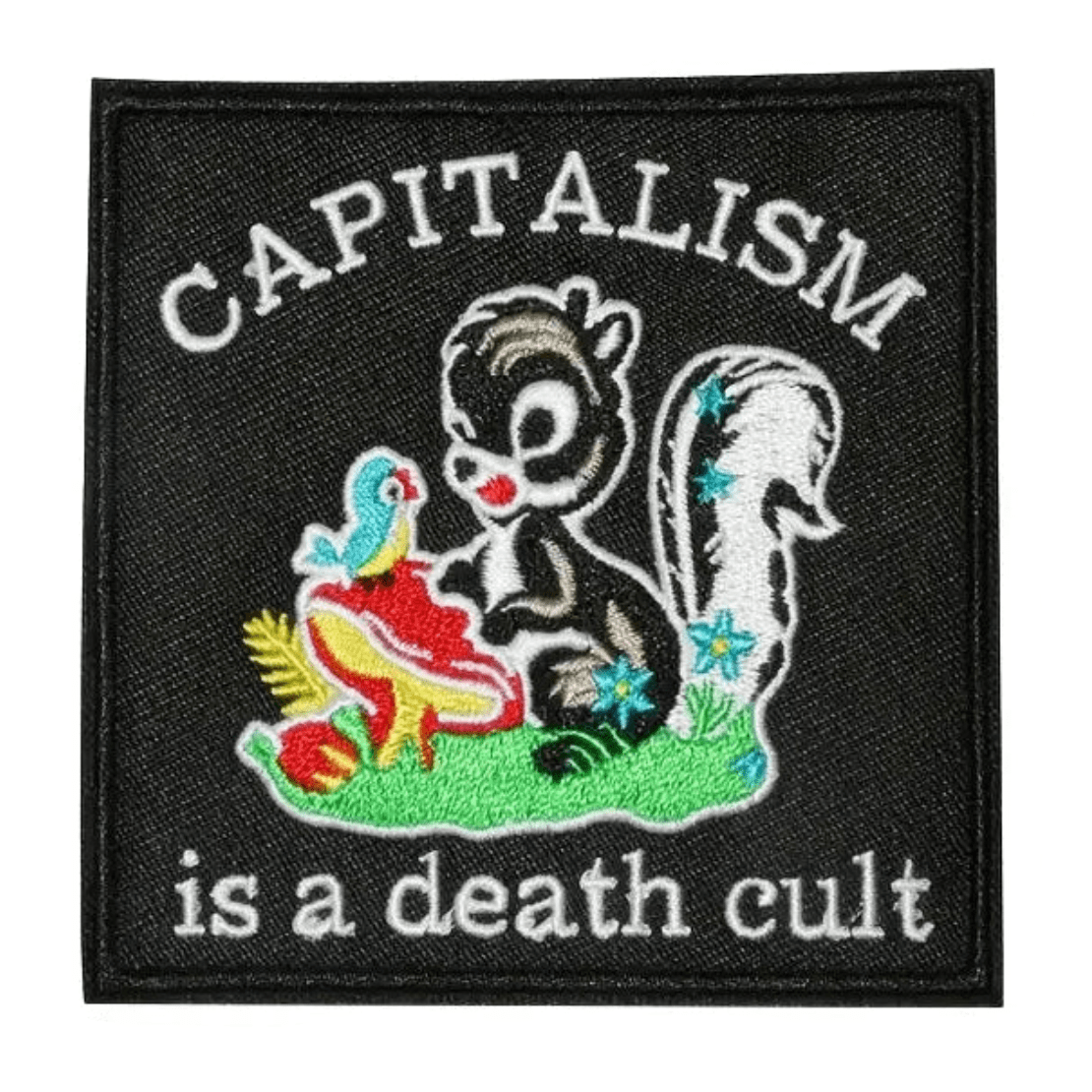 Patch with a stylized animal holding a flower, text 'CAPITALISM is a death cult', and dimensions indicated.