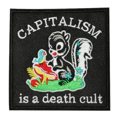 Patch with a stylized animal holding a flower, text 'CAPITALISM is a death cult', and dimensions indicated.