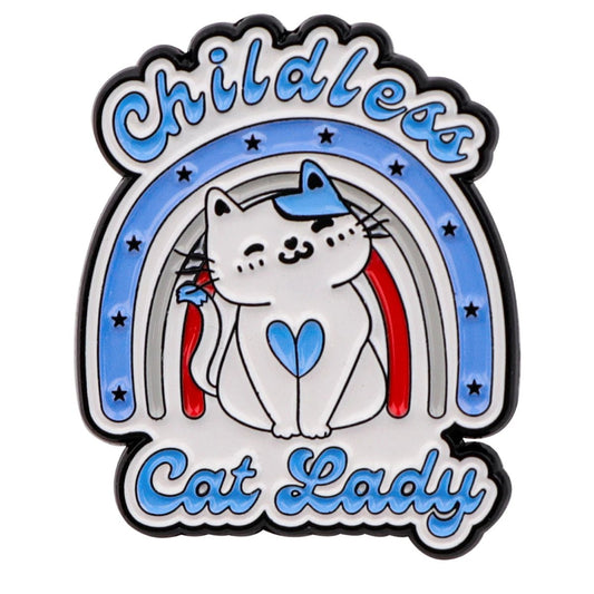Childless Cat Lady enamel rainbow pin in blue, white and red