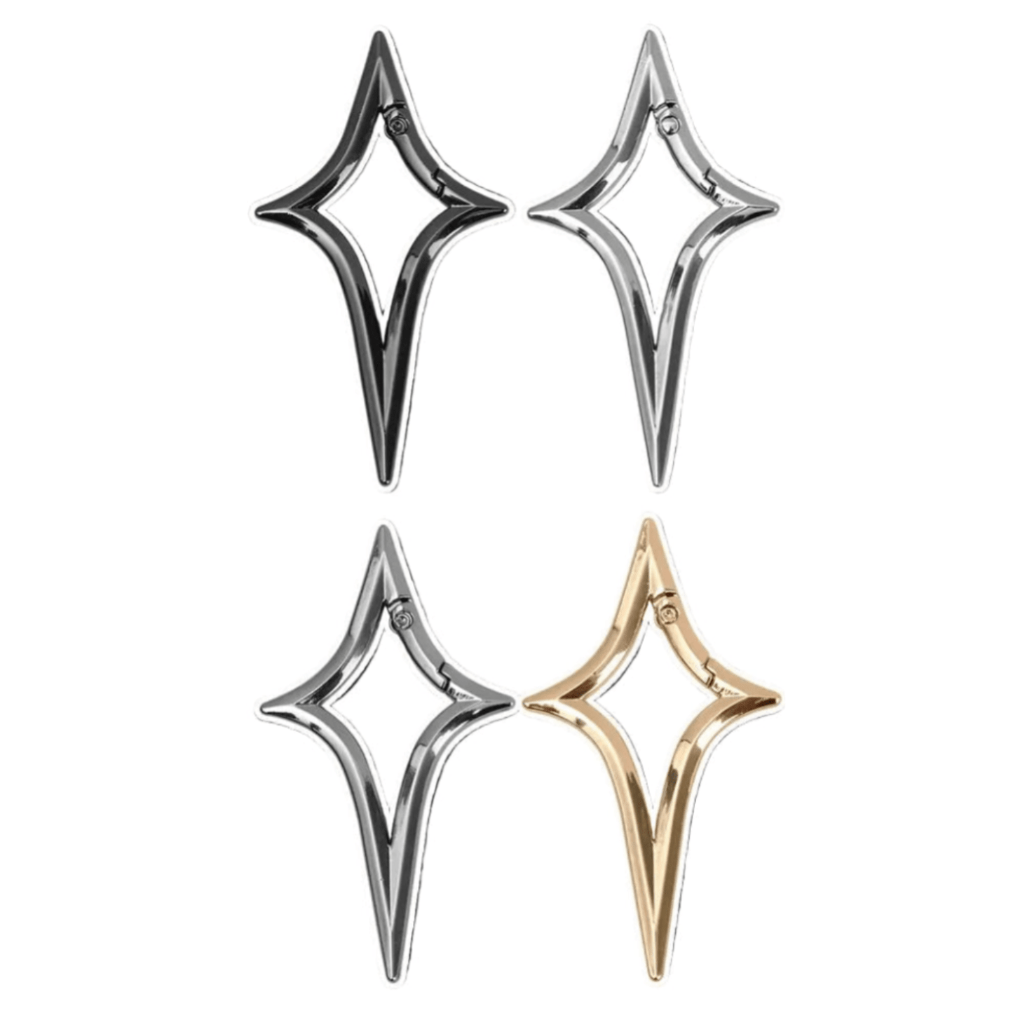 Four Chrome Star Shaped Carabiner Keychains in four colors are shown on a white background. Each has a hollow center and a modern, pointed design—stylish and versatile for your keys or accessories.