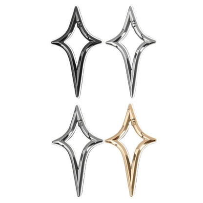 Four Chrome Star Shaped Carabiner Keychains in four colors are shown on a white background. Each has a hollow center and a modern, pointed design—stylish and versatile for your keys or accessories.