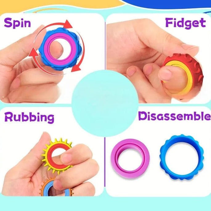 Fidget spinner toy with instructions on how to use it, including 'Spin', 'Fidget', 'Rubbing', and 'Disassemble'.