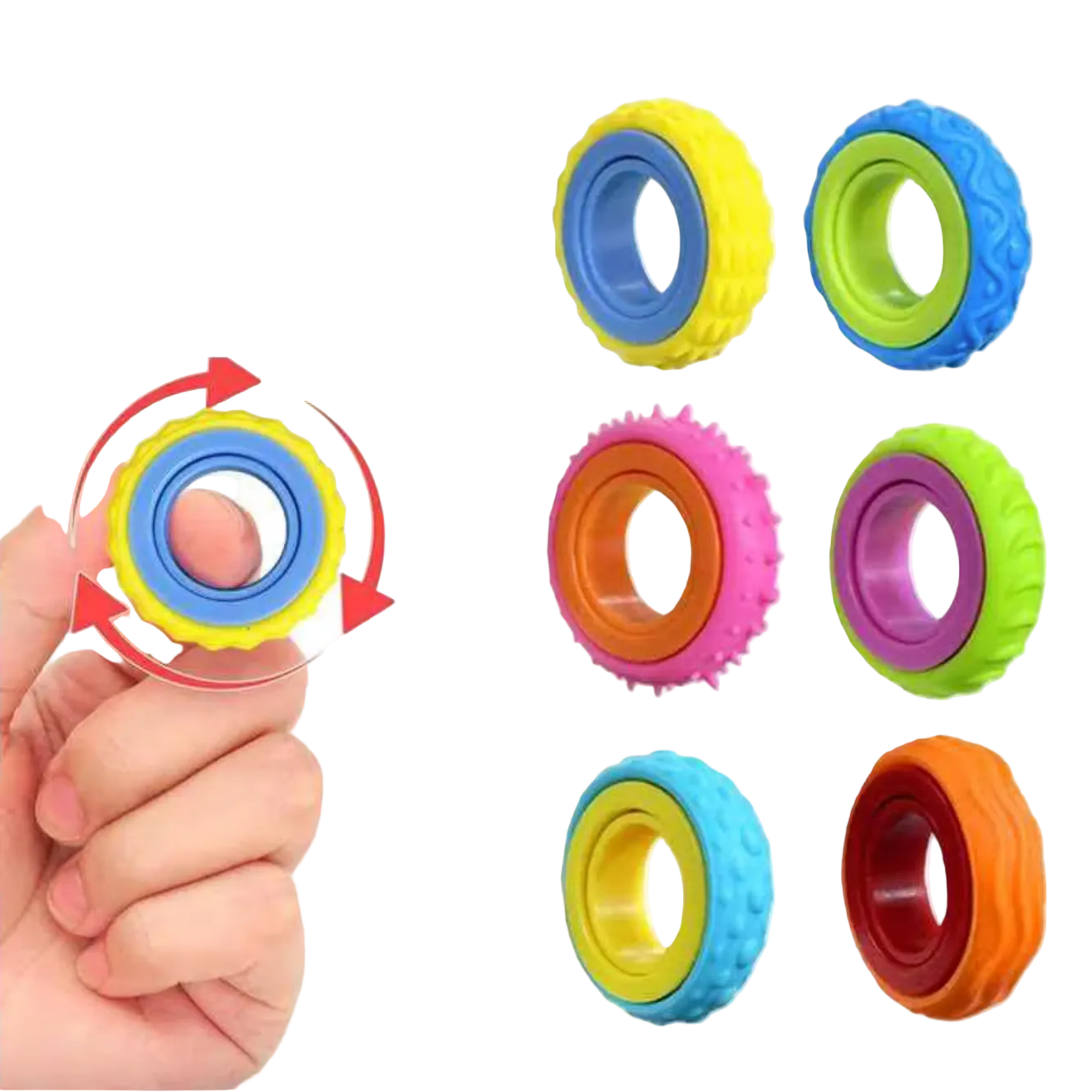 Colorful fidget spinner toy with a hand holding it and additional spinner designs displayed.