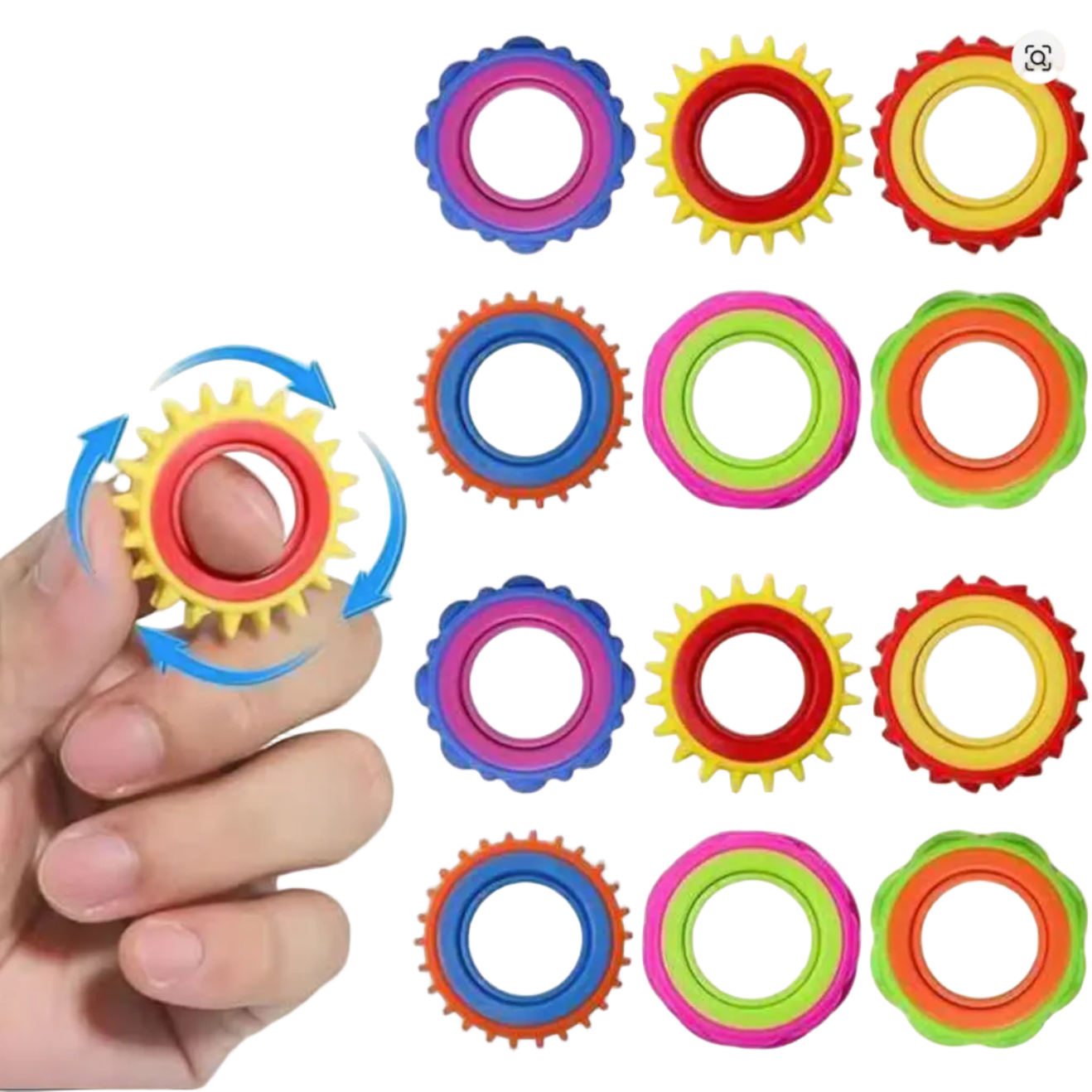 Colorful fidget spinner toy held by a hand with multiple spinner images displayed.