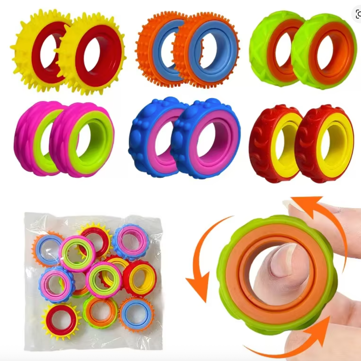 Colourful Rotating Fidget Sensory Rings for Autism & ADHD – Quiet Textured Spinner Finger Toys for Kids & Adults, 6-Pack Anxiety & Stress Relief, Focus & Sensory Stimulation