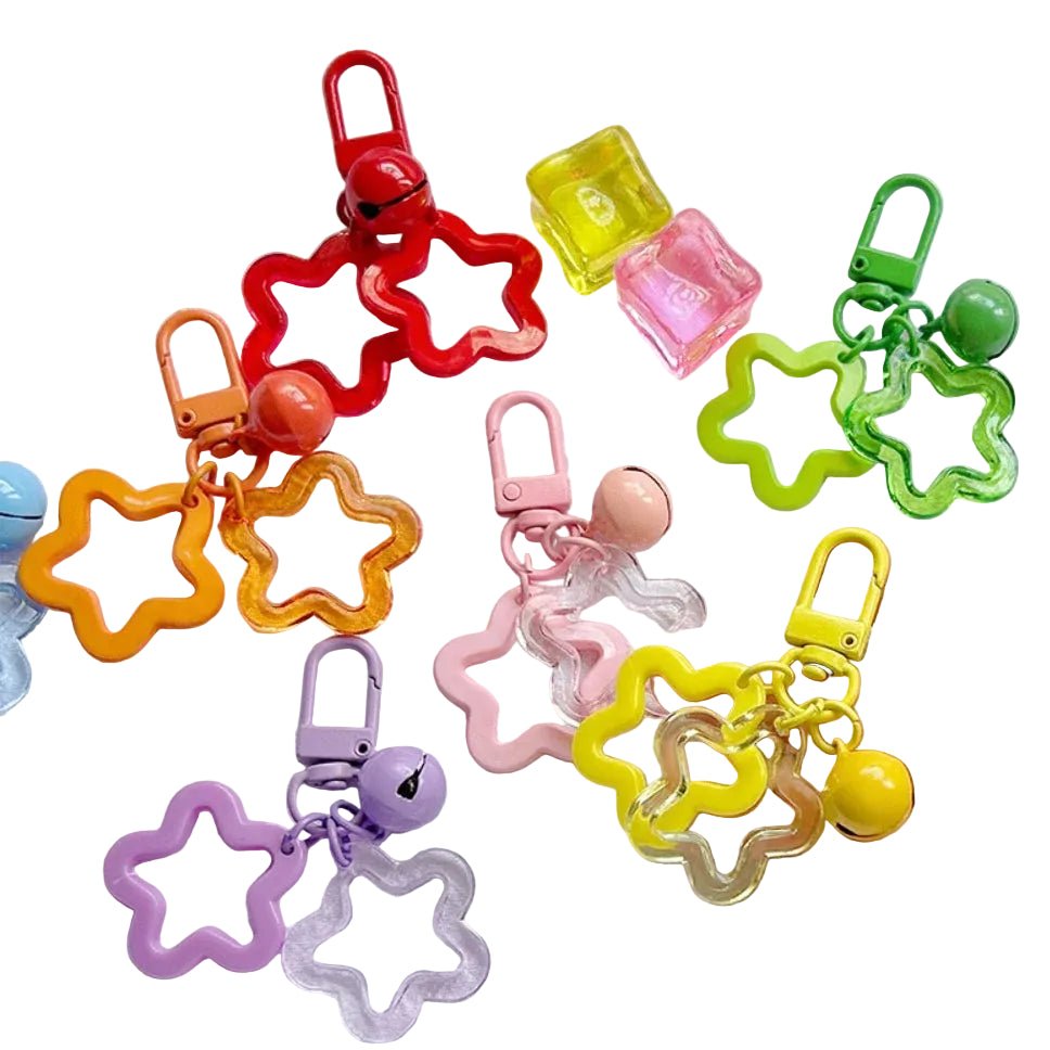 Rainbow colorful star-shaped keychains with bells