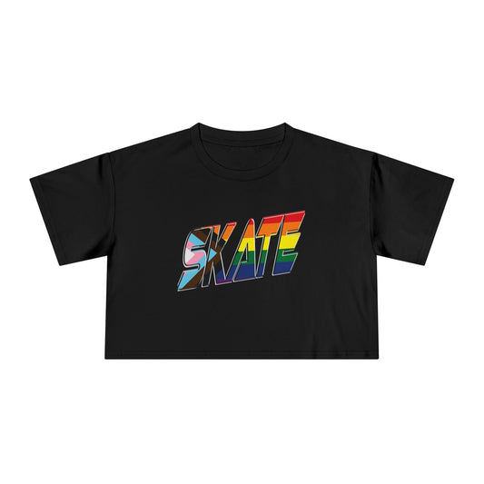 Introducing the "SKATE" progress pride rainbow flag locally printed crop tee by Gay Skate – a stunning black short-sleeve cropped t-shirt that proudly displays "SKATE" in large, bold letters across the chest. The vibrant font features a colorful, diagonal rainbow gradient, capturing the spirit of queer skatewear and celebrating individuality and pride.