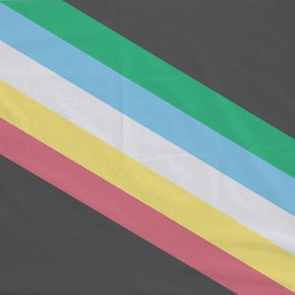 The Disability Pride Flag - Large has a black background with five diagonal stripes (green, white, blue, yellow, and red) running from the top left to the bottom right.