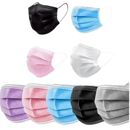 Disposable 3-layer Protective Face Masks - Purple, Pink, Blue, Black, Grey, White - 50 pieces