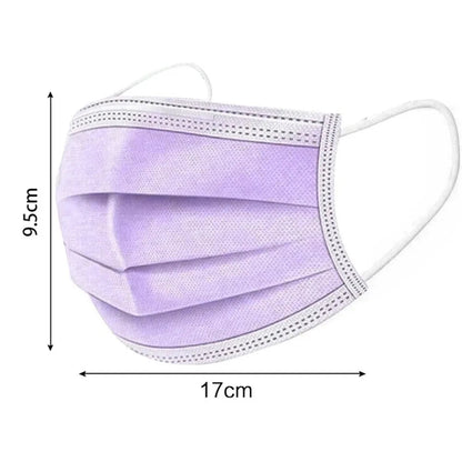 Disposable 3-layer Protective Face Masks - Purple, Pink, Blue, Black, Grey, White - 50 pieces