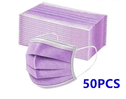 Disposable 3-layer Protective Face Masks - Purple, Pink, Blue, Black, Grey, White - 50 pieces