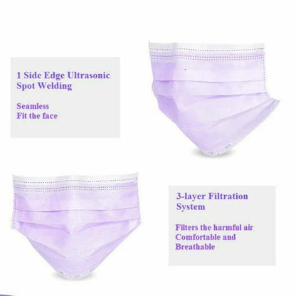 Disposable 3-layer Protective Face Masks - Purple, Pink, Blue, Black, Grey, White - 50 pieces