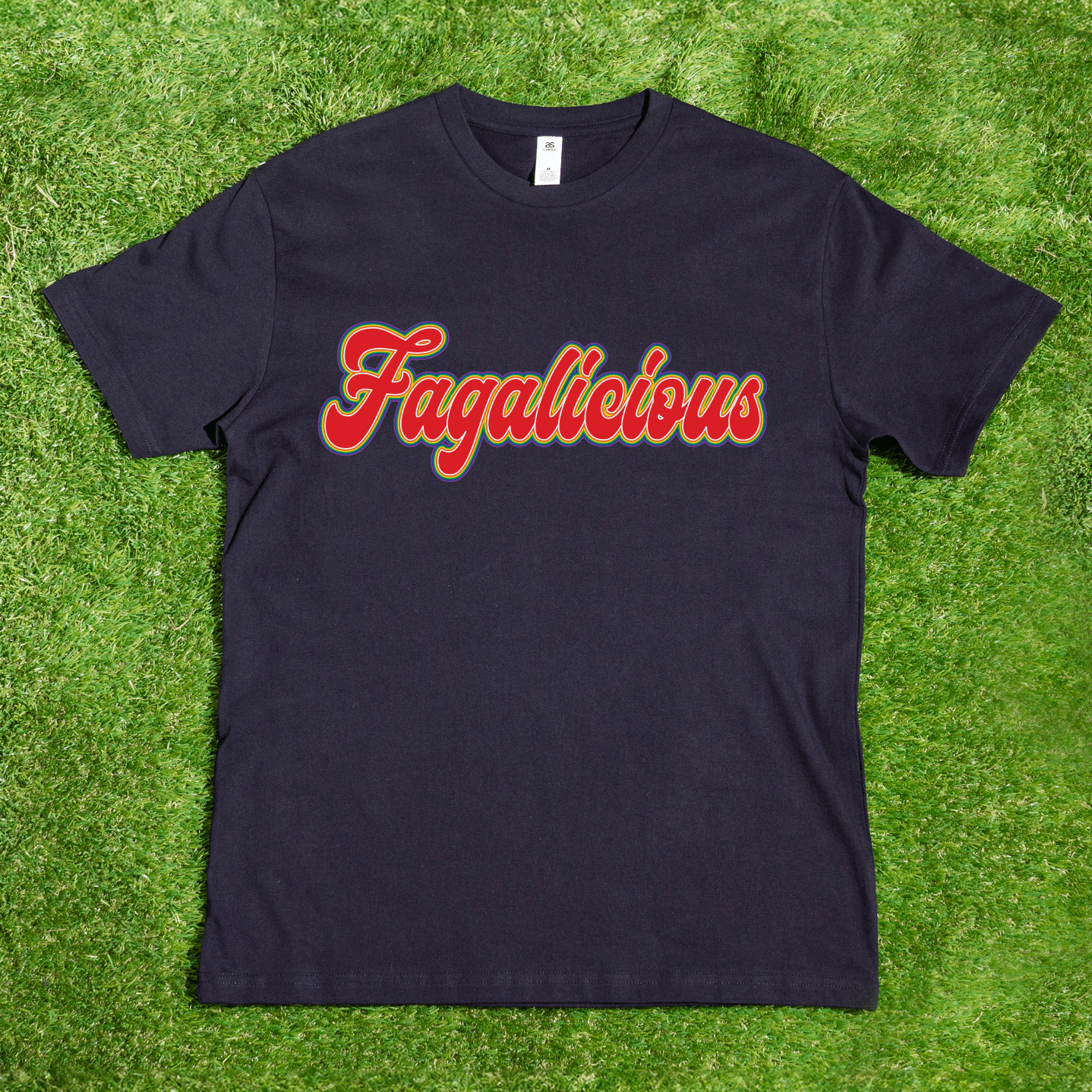 Black t-shirt with 'Fagalicious' in red funky retro font