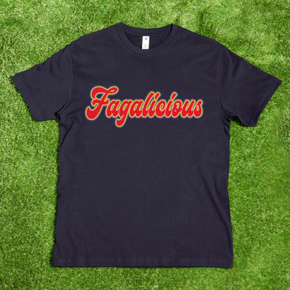 Black t-shirt with 'Fagalicious' in red funky retro font