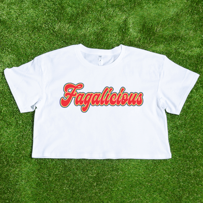 Gay pride white as colour crop t-shirt with 'Fagalicious' text in funky orange red writing.