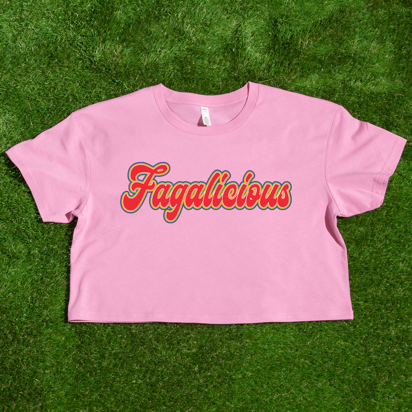 Pinkgay pride as colour crop t-shirt with 'Fagalicious' text in funky orange red writing.