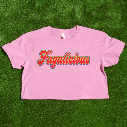 Pinkgay pride as colour crop t-shirt with 'Fagalicious' text in funky orange red writing.