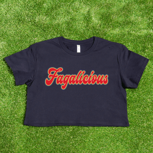 Gay pride as colour crop t-shirt with 'Fagalicious' text in funky orange red writing.