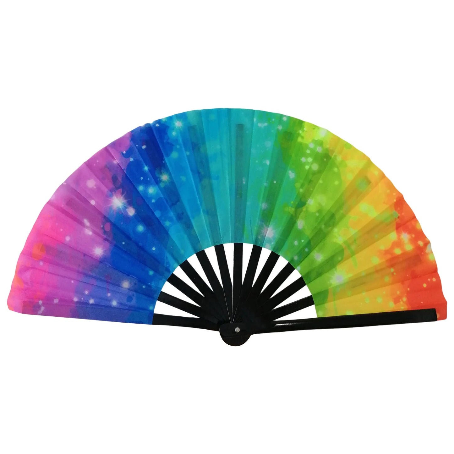 Folding Fan features an eye-catching rainbow pride gradient from purple and blue to green and red with starry designs. It is perfect for accessorizing at pride events