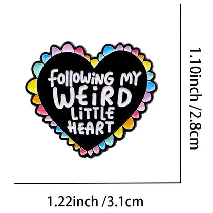 Heart-shaped badge with text 'Following my weird little heart' and dimensions on a white background