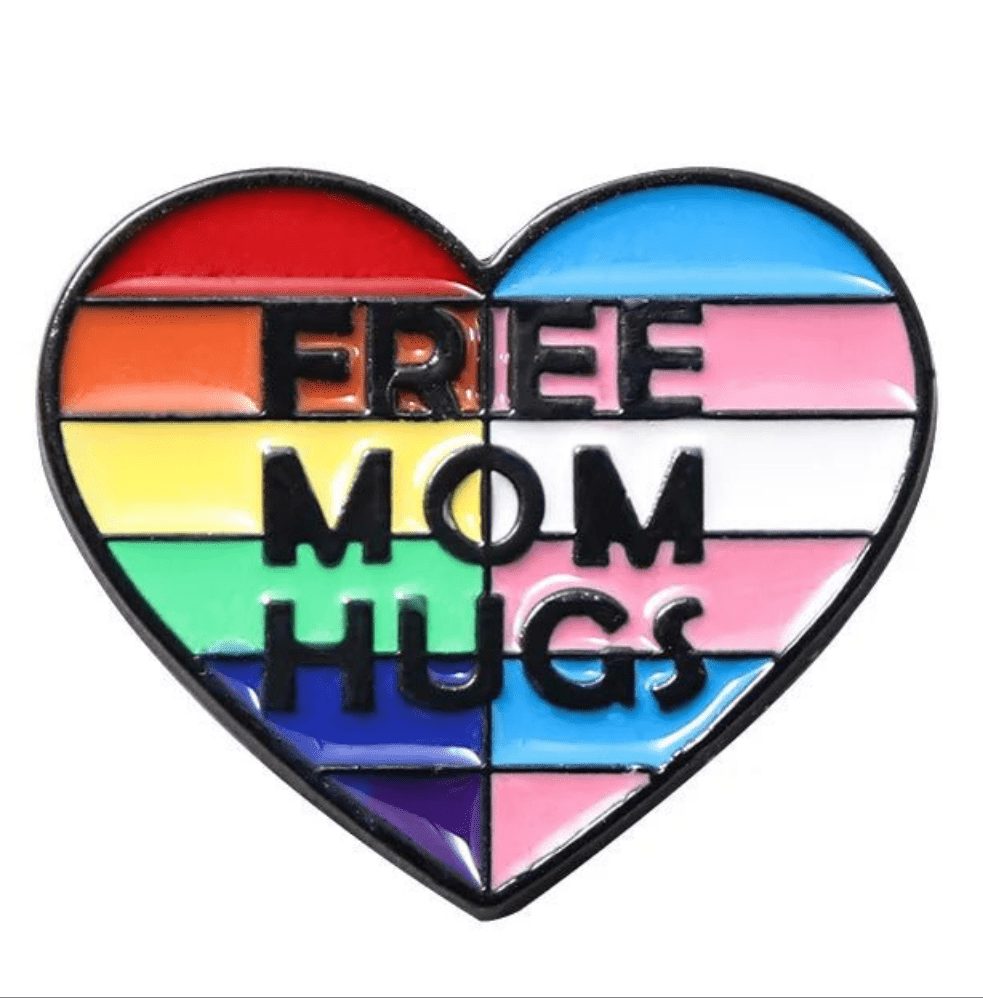 Free Mom Hugs rainbow and trans pride flag love heart badge