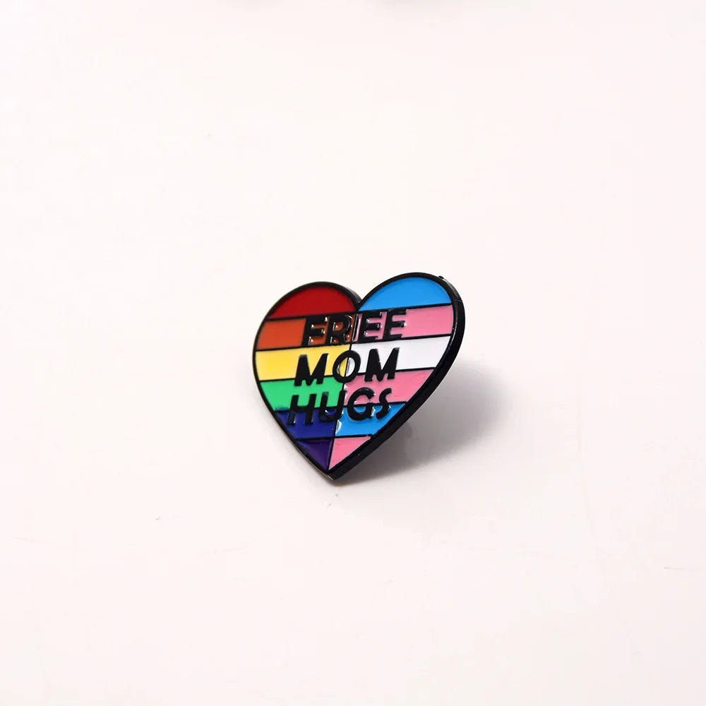 Free mum hugs badge. Rainbow pride flag badge. Trans pride flag badge. For Allies. Lesbian gay bisexual trans intersex queer asexual pride