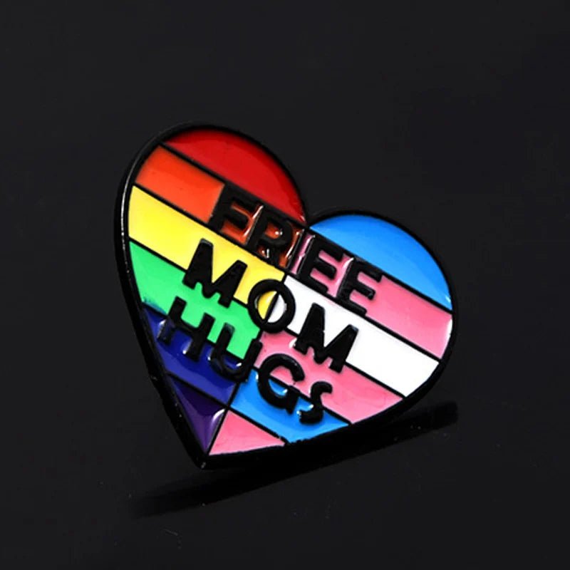 Free Mom Hugs rainbow and trans pride flag love heart badge