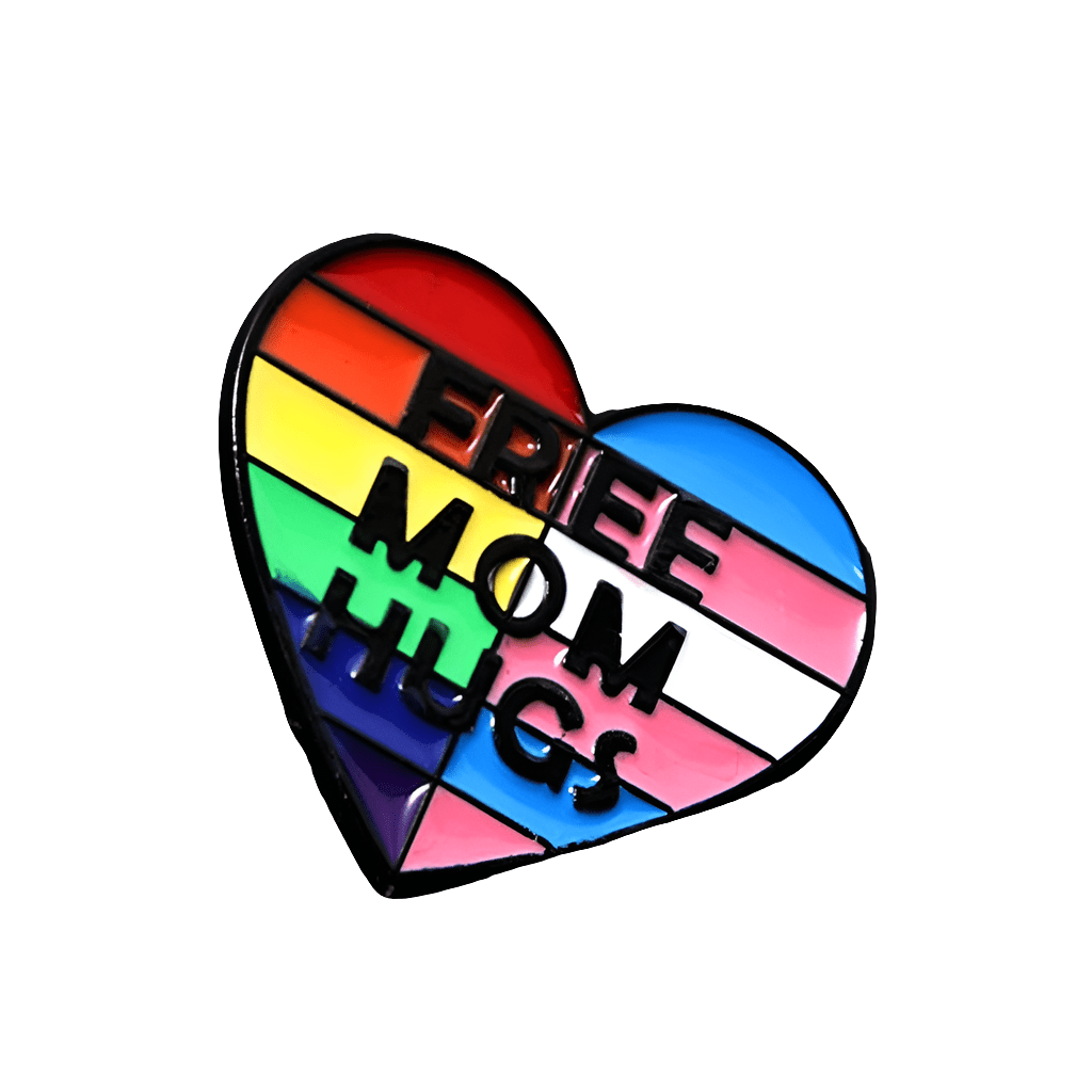Free Mom Hugs rainbow and trans pride flag love heart badge
