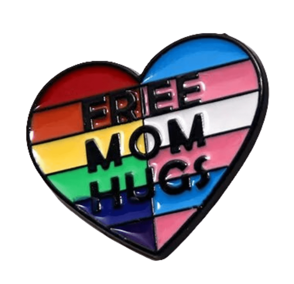 Free Mom Hugs rainbow and trans pride flag love heart badge
