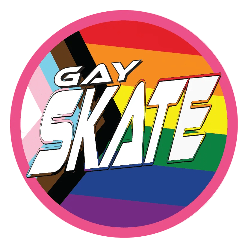 A circular GAY SKATE gift card with a pink border and "GAY SKATE" in bold white letters on a background featuring rainbow, trans, brown, and black LGBTQ+ pride flag colors.
