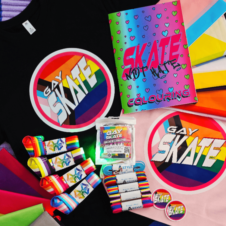 Collection of Gay Skate products including t-shirt, stickers, and coloring book on a colorful background