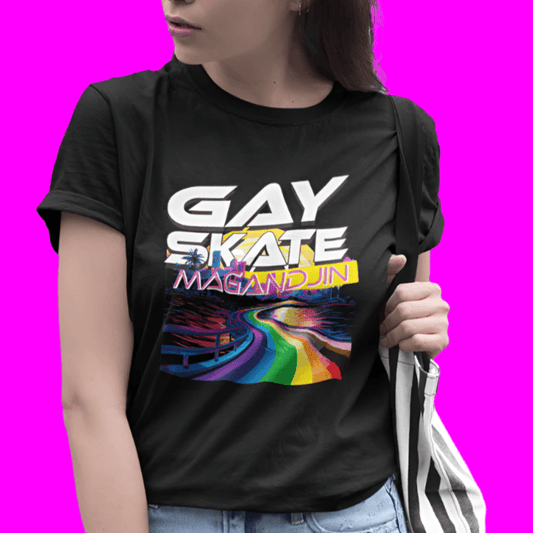 AS Colour Block black t-shirt with 'GAY SKATE MAGANDJIN' Meanjin Brisbane text and rainbow pride river design with palm trees
