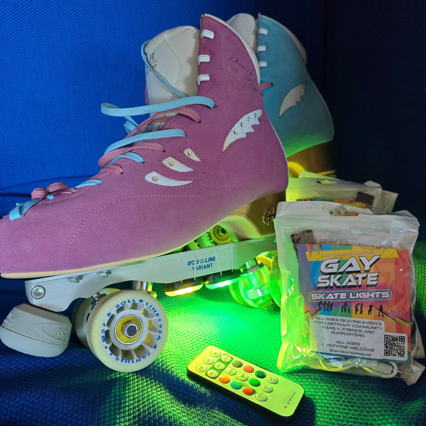 Gay Skate's Skate Lights - Australian Shipping. LED RGB rechargeable light-up rollerskate accessory. Just like light up skate wheels but brighter. Roller disco, roller dance, figure skating, "secret roller disco", "rollerdance australia"