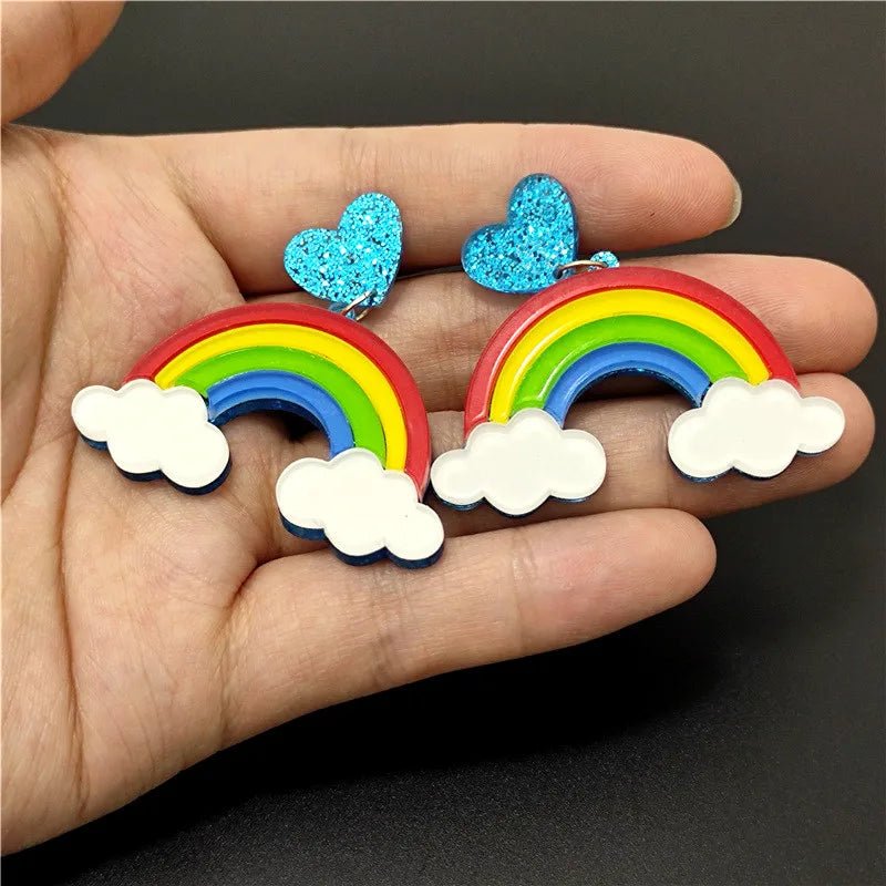 Glitter heart, Rainbow and Clouds Drop Earring