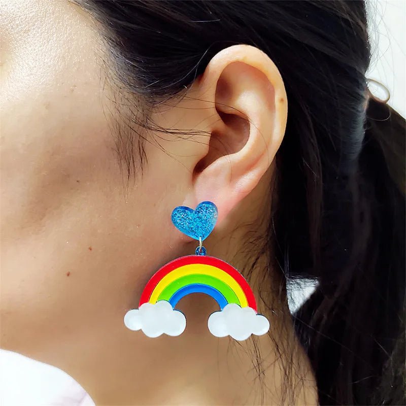 Glitter heart, Rainbow and Clouds Drop Earring