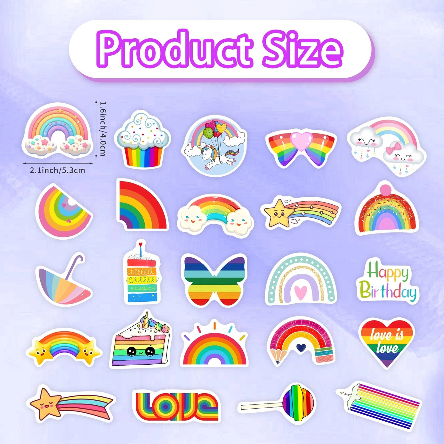 Glow - In - The - Dark Rainbow Pride Stickers. Kawaii rainbow, cupcake, unicorn, bow, clouds, stars, cake, butterfly, happy birthday, pencil, love is love, LOVE, lollipop, candle