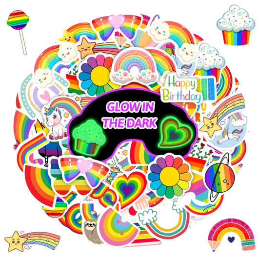 Glow-In-The-Dark Rainbow Pride Stickers love heart, bow, flower, star, cupcake, lollipop, unicorn, clouds, sloth, planets. Rainbow pride flag stickers