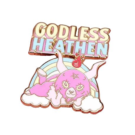 Enamel pin with 'Godless Heathen' text 