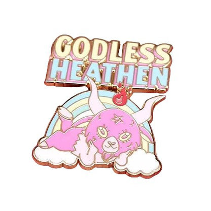 Enamel pin with 'Godless Heathen' text 