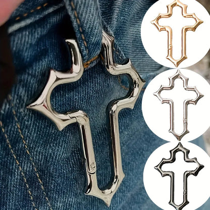 Silver Gothic cross carabiner clipped to a jeans belt loop, with gold, silver and black colour options shown.