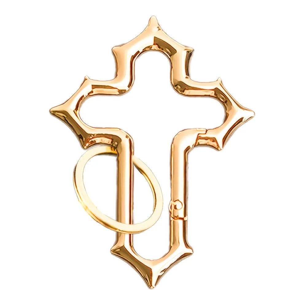 Gold Gothic cross carabiner keychain with an attached round split keyring.
