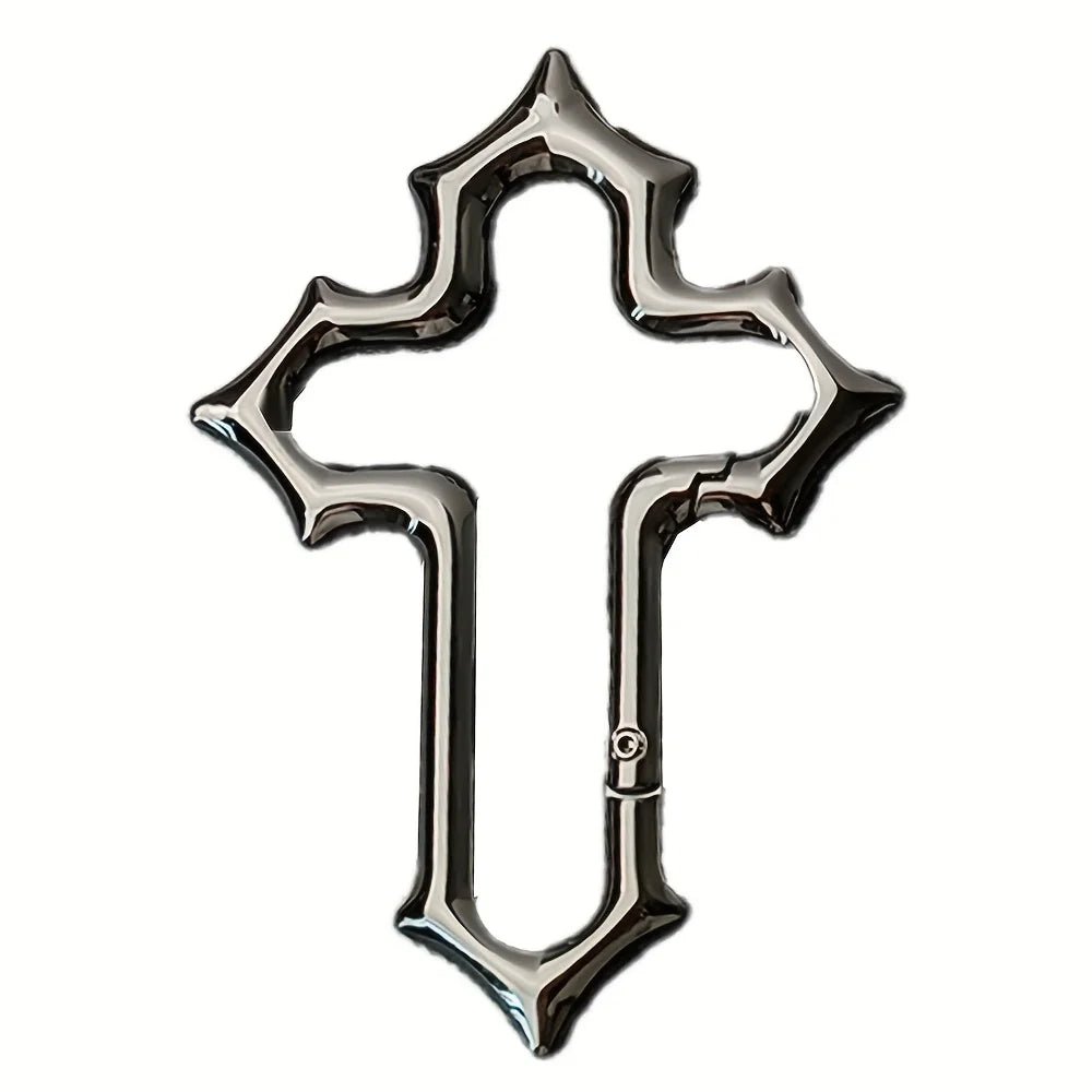 Black Gothic cross carabiner with pointed edges and a closed side gate on a white background.
