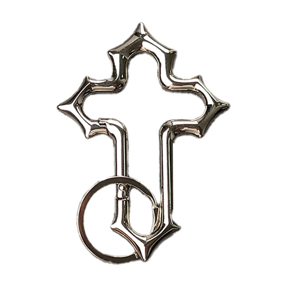 Silver Gothic cross carabiner keychain with an attached round split keyring.