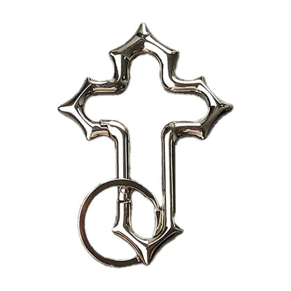 Silver Gothic cross carabiner keychain with an attached round split keyring.