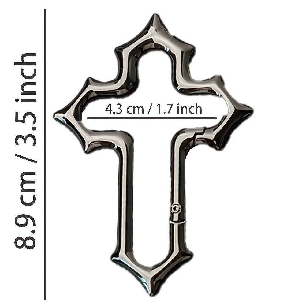 Black Gothic cross carabiner size diagram showing 8.9 cm height and 4.3 cm width.