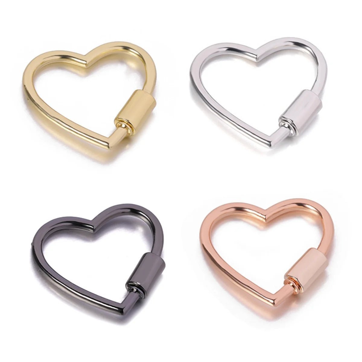 Four Heart Shaped Locking Carabiners in gold, silver, black, and rose gold are shown on a white background, arranged in a two-by-two grid.